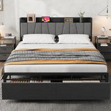 Garvee King Size Bed Frame with Upholstered Headboard, Storage Drawers, Charging Station, Metal Slats, Black, Platform Bed for Bedroom - Black