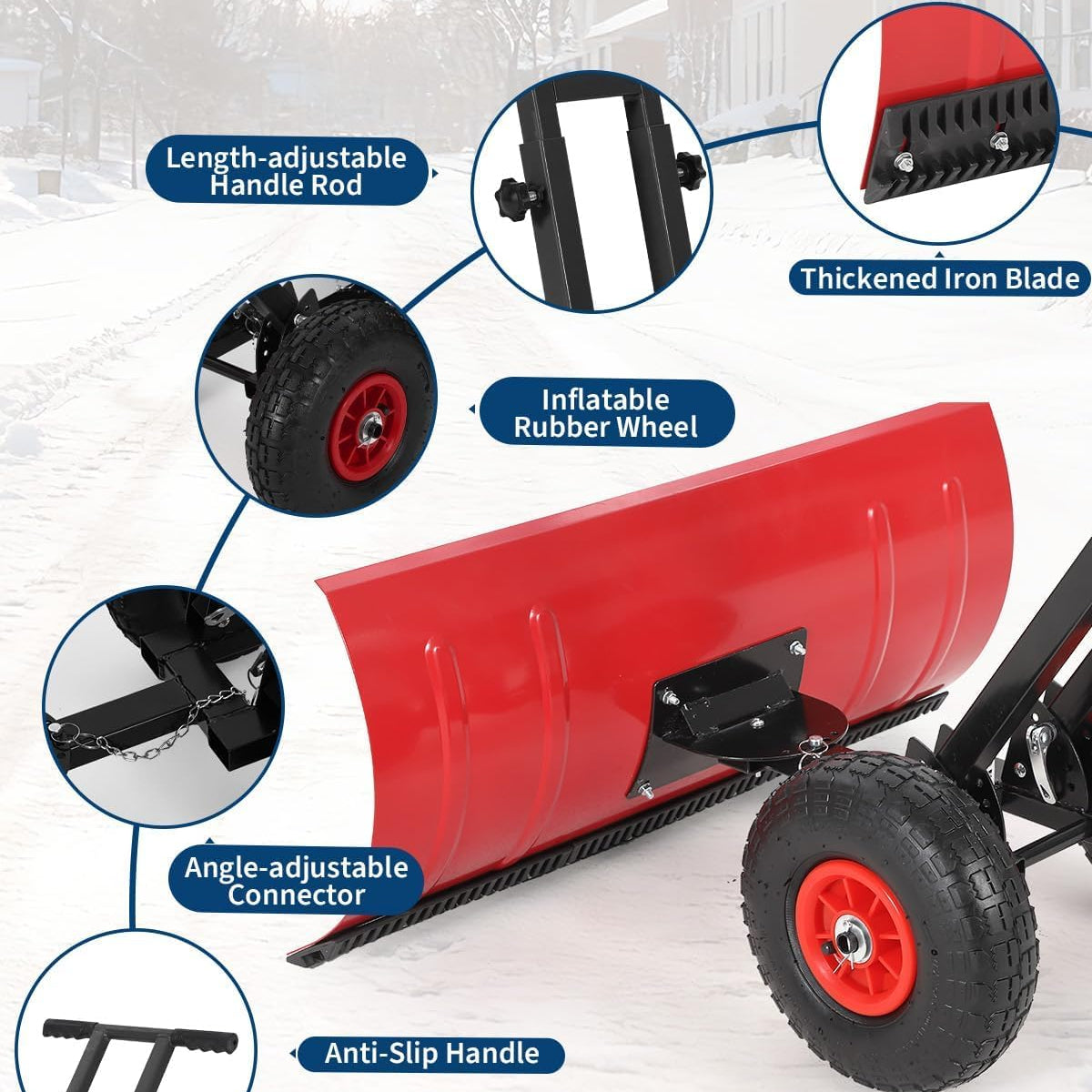 Garvee 29"W X 16.5"H Snow Pusher Shovel with Wheels,Heavy Duty Steel Snow Shovel with Wheels,Angled Blade Efficient Snow Removal With5-Position Angled Blade & Adjustable Handle for Doorway, Sidewalk