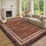 Garvee Extra Large Area Rug 10x13 Washable Rug Non Slip Stain-Resistant, Modern Geometric Border Carpet, Non Shedding Low Pile Floor Covering, Soft Neutral Mat for Open Spaces Offices, Brown - Brick Red