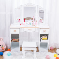 Garvee Girls' Vanity Table and Stool Set with Mirror, Drawer and Wood Makeup Playset Toy for Age 3-10, White - White