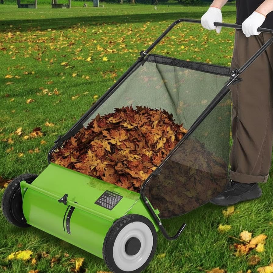 Garvee Light Green 21-Inch Push Lawn Sweeper with 3.5 Cu. Ft. Bag, 4 Spinning Brushes, Adjustable Height, Steel Frame, Rubber Wheels, for Grass & Leaves