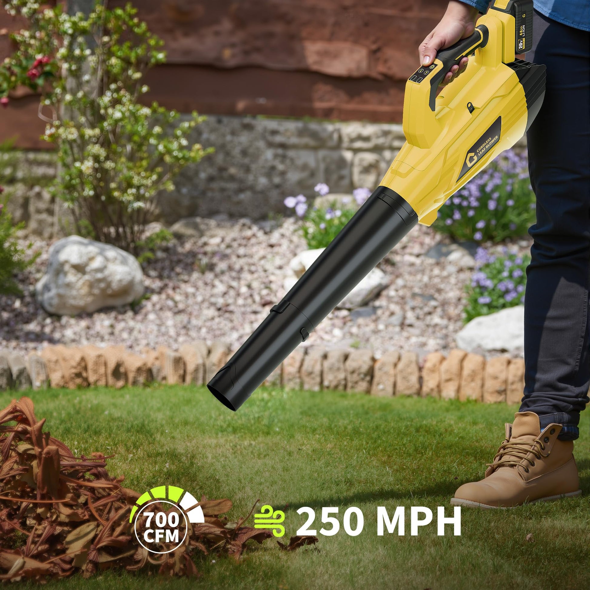 Garvee Leaf Blower Cordless Brushless- 20V Electric Leaf Blower 700CFM & 2 Speed Modes with Charger, 1*4.0Ah Battery Powered for Lawn Care,Yellow