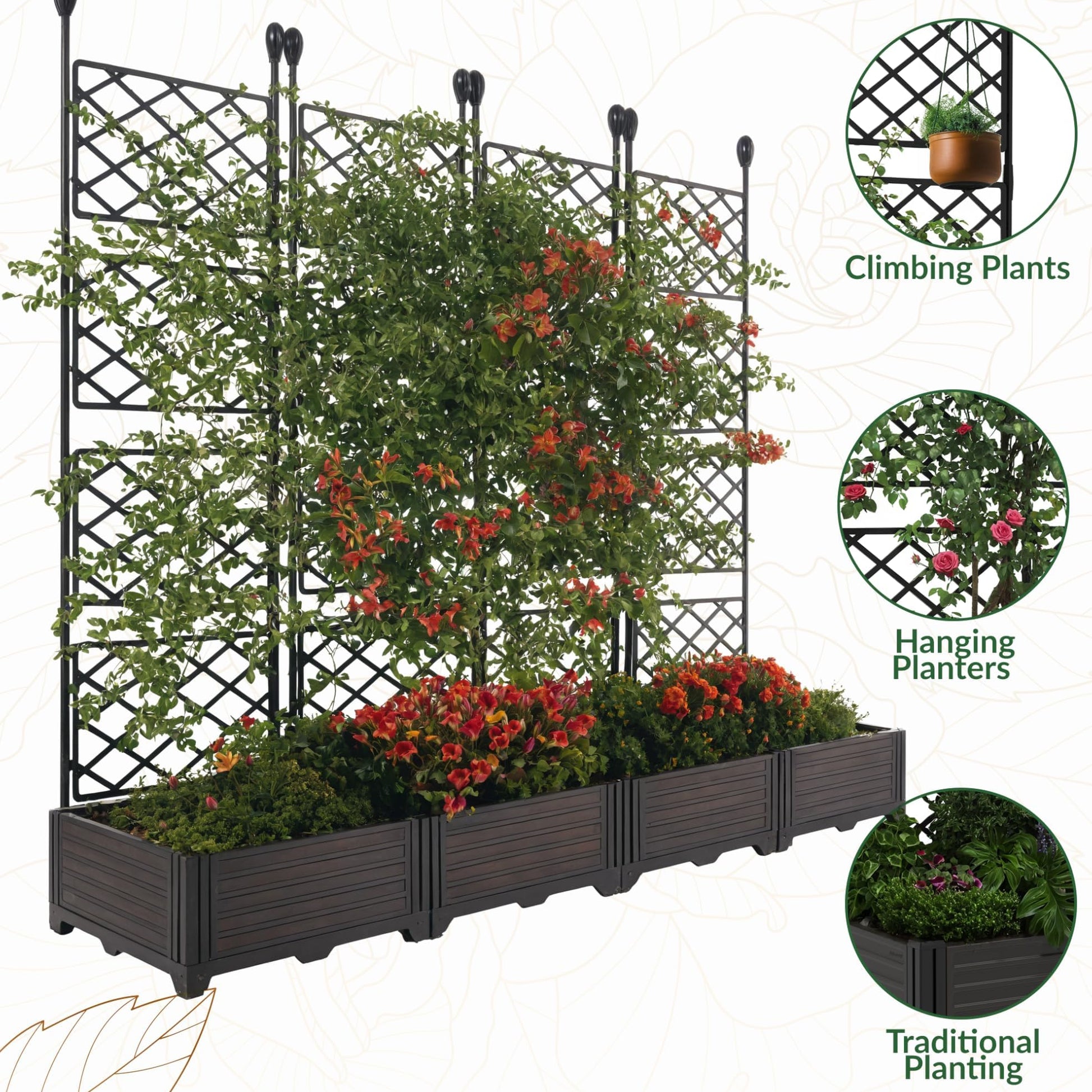 Garvee 4 PCS Raised Garden Bed with Trellis, 65.4" W x 63"Tall Plastic Planter Box for Climbing Plants, Outdoor Vertical Garden with Privacy Screen for Patio, Balcony, Backyard – Sturdy & Lightweight