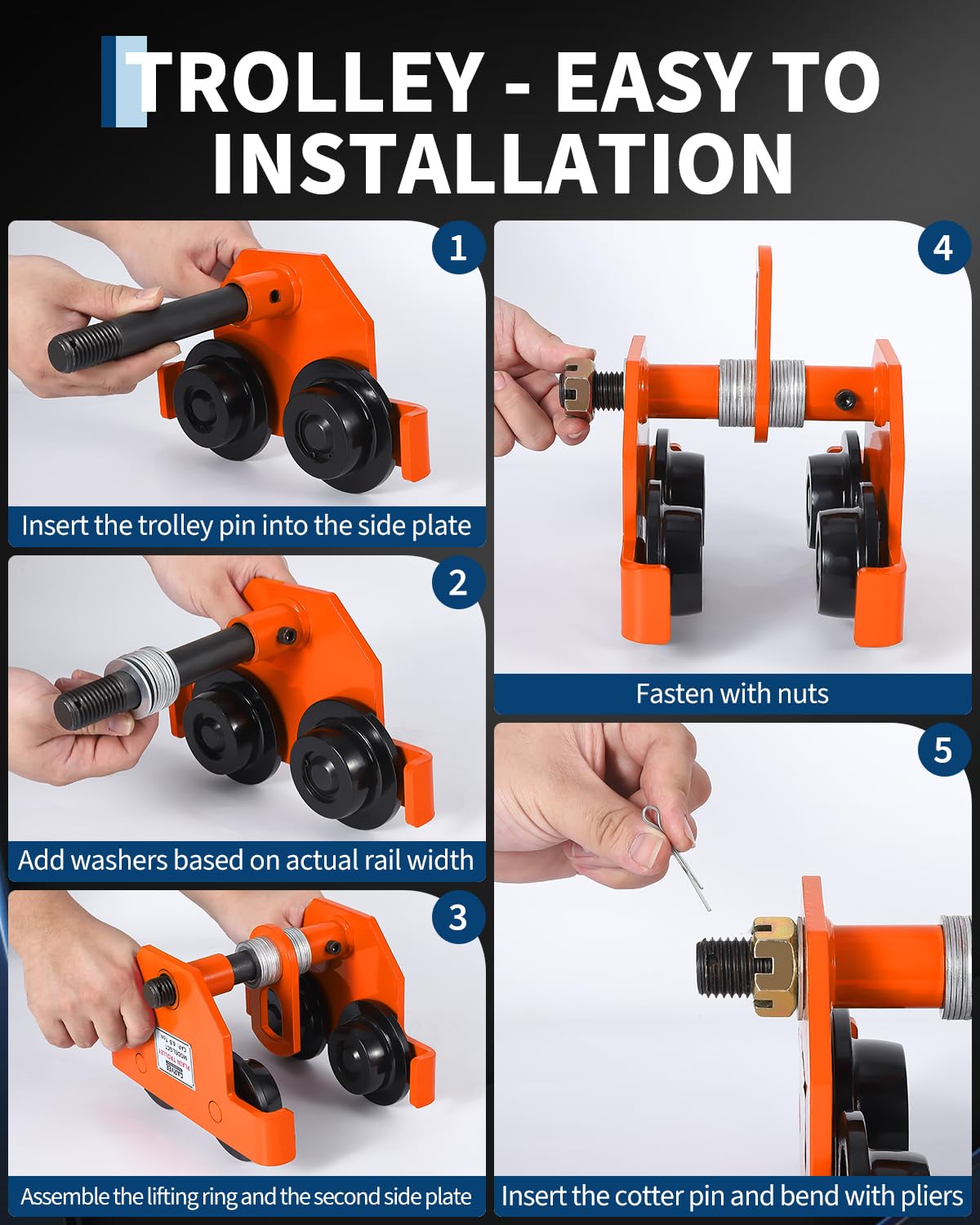 Garvee Manual Push Beam Trolley Hoist - 0.5 Ton (1100 lb) Capacity - Adjustable 2.5–7 in I-Beam Flange - Dual-Wheel Alloy Steel for Straight/Curved I & H Beams - Color: Orange