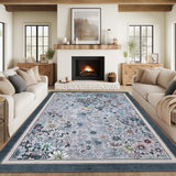 Garvee Washable 9x12 Area Rug Non-Slip Boho Floral Vintage Low Pile Faux Wool Durable Soft for Living Room Bedroom Kids Playroom - Gray Blue