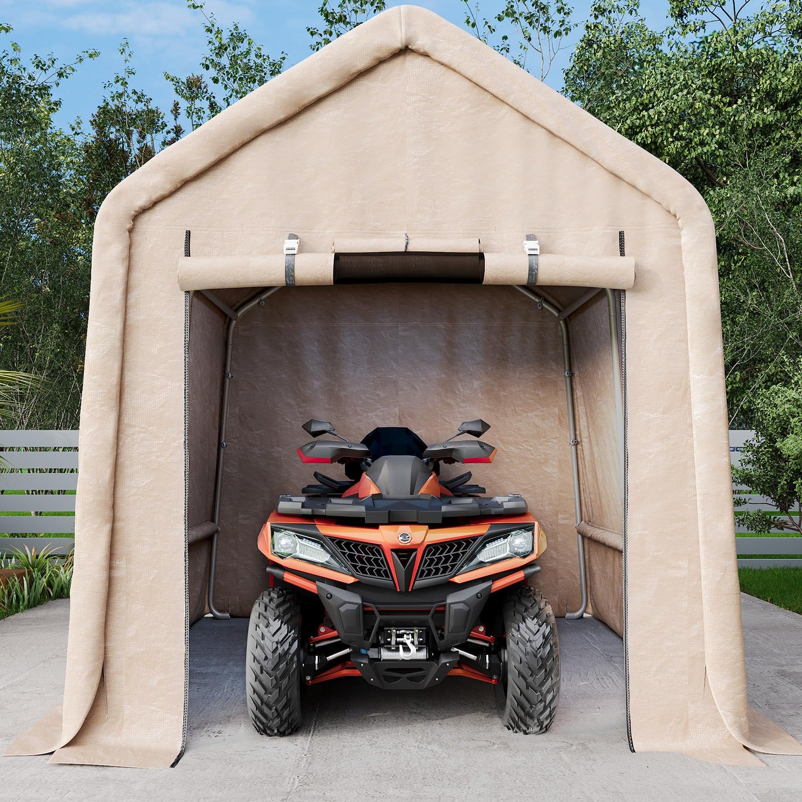 Garvee 10x10FT Khaki Outdoor Portable Storage Shed with Roll-Up Door & Vent, 240G Heavy-Duty Shelter Waterproof PE Tarp, UV-Resistant Storage Sheds for Motorcycle, Firewood, Garden and Tools, Gray