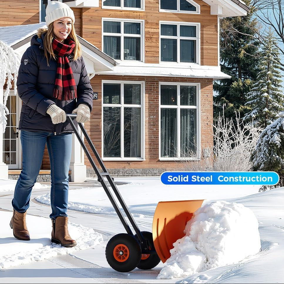 Garvee 29"W X 19.68"H Snow Pusher Shovel with Wheels,Heavy Duty Steel Snow Shovel with Wheels,Angled Blade Efficient Snow Removal With5-Position Angled Blade & Adjustable Handle for Doorway, Sidewalk