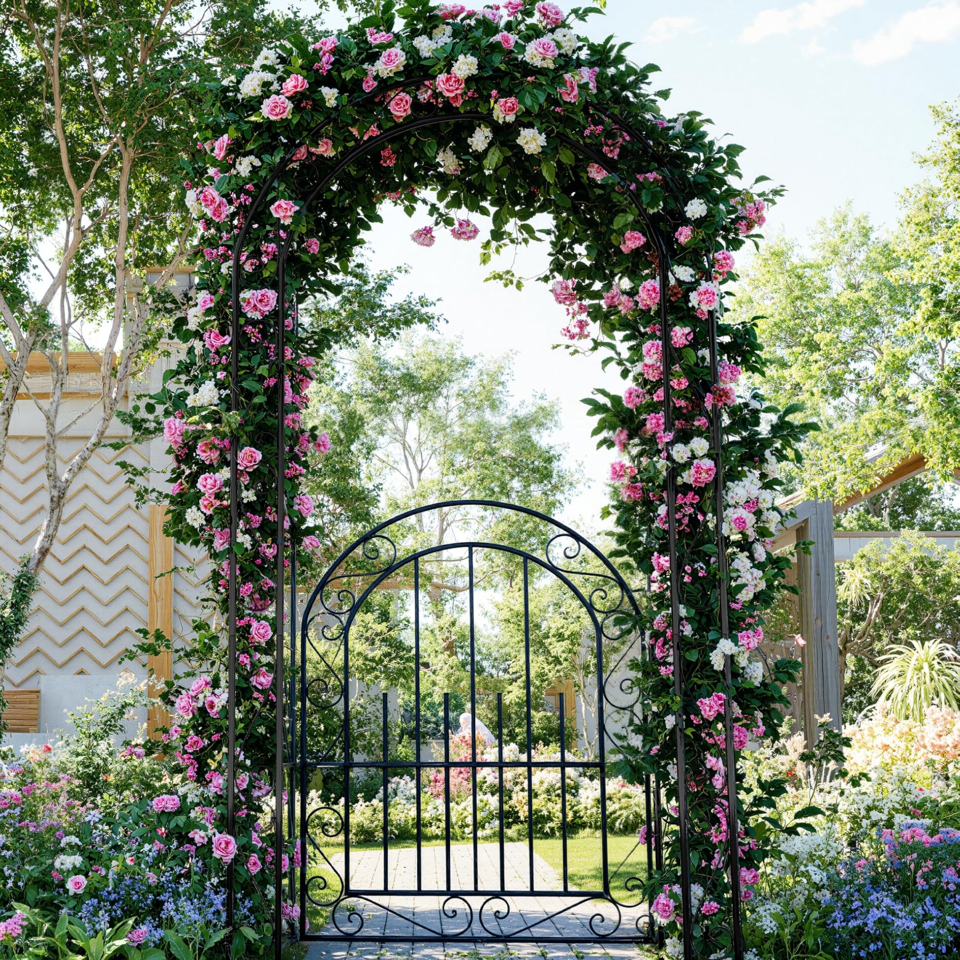 Garvee 8FT Heavy Duty Garden Arch Trellis with Gate, Powder Coated Steel Arbor for Climbing Roses, Vines & Plants, Weather-Resistant Outdoor Wedding Arch with Stakes for Quick Setup