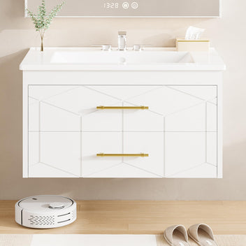 Garvee Modern 30" Floating Bathroom Vanity in Humidity-Resistant Design with Soft-Close Drawers and Gold Handles, White