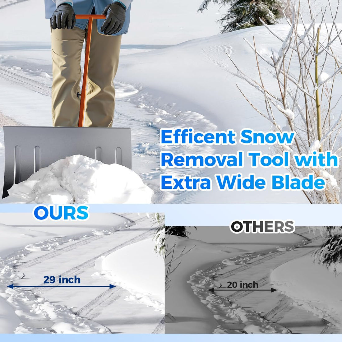 Garvee 29"W X 16.5"H Heavy Duty Metal Snow Shovel with Wheels – Wide Angled Blade – 5-Level Adjustable Ergonomic Handle – Back-Saving Snow Pusher for Driveways, Sidewalks, Yards – Silver with Orange-Yellow Handle and Wheels