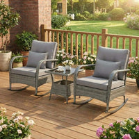 Garvee 3-Piece Rattan Patio Rocking Chair Set with Cushions, 2-Tier Glass Table for Porch, Balcony, Garden