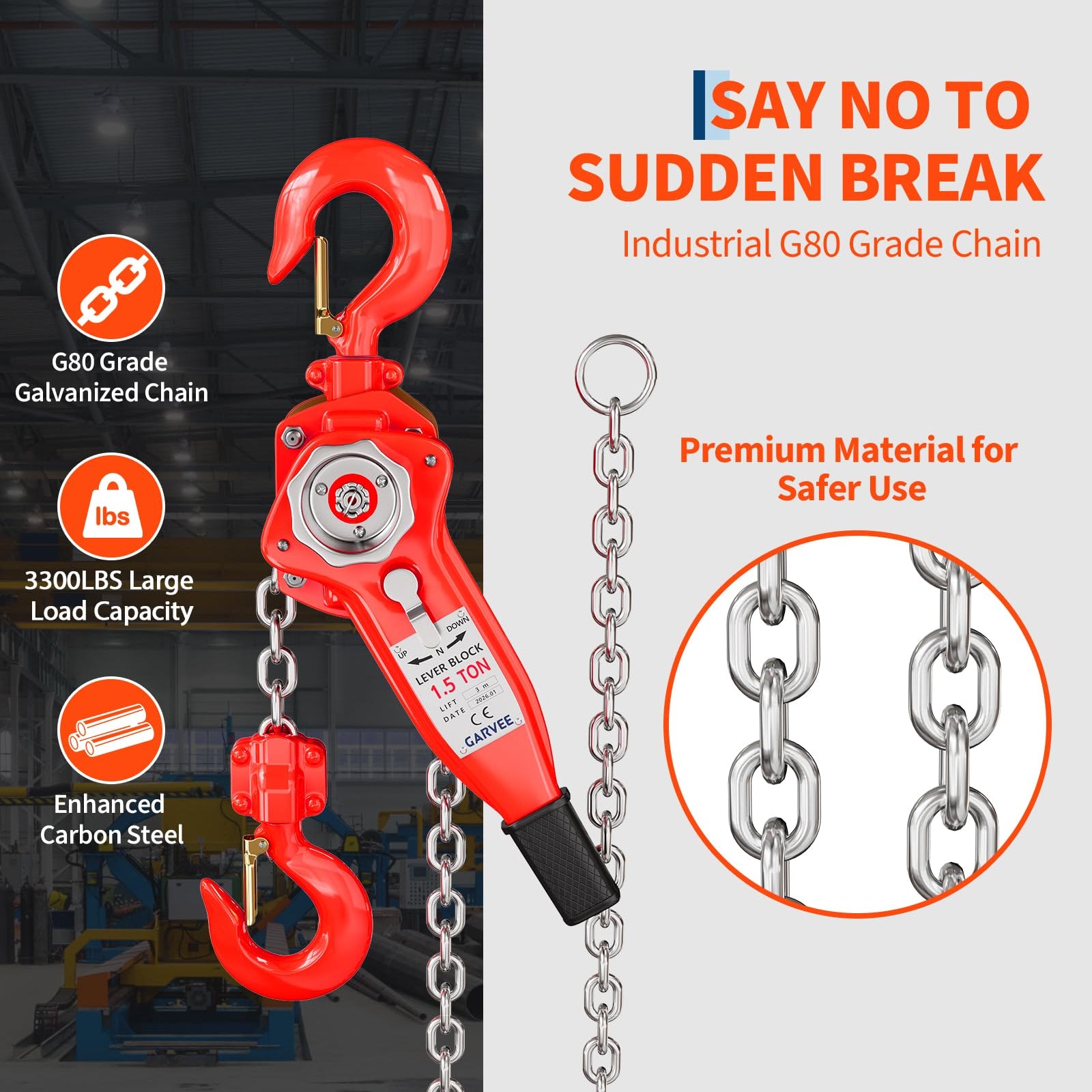Garvee 1.5 Ton Manual Lever Chain Hoist, 3300 lb Capacity with 20 ft Lift, G80 Chain & Weston Brake for Garage