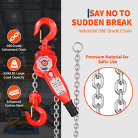 Garvee 1.5 Ton Manual Lever Chain Hoist, 3300 lb Capacity with 20 ft Lift, G80 Chain & Weston Brake for Garage