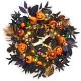 Garvee Halloween Wreath for Front Door, 20 Inch Light Up Pumpkin Wreaths with 20 LED Lights Ball Ornaments Berries, Prelit Halloween Decorations for Indoor Outdoor Window Decor - Black Orange