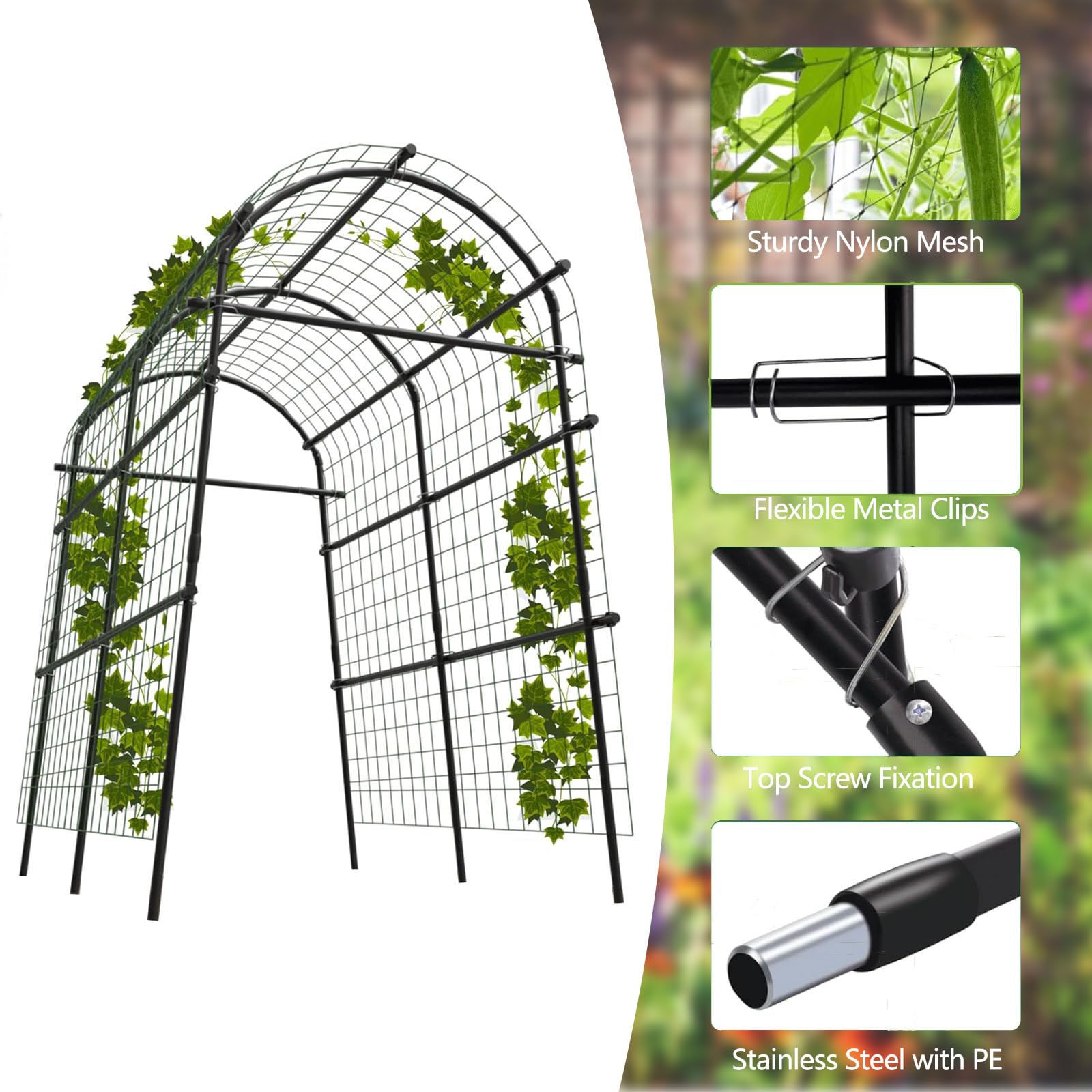 Garvee 7.5FT Garden Arch Trellis with Netting, Adjustable Metal Plant