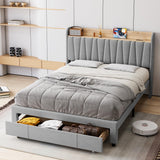 Garvee Queen Size Bed Frame with Headboard, Upholstered Platform Bed Frame with Storage Headboard and Charging Station, Large Drawers, No Box Spring Needed, Easy Assembly, Grey - Light Grey