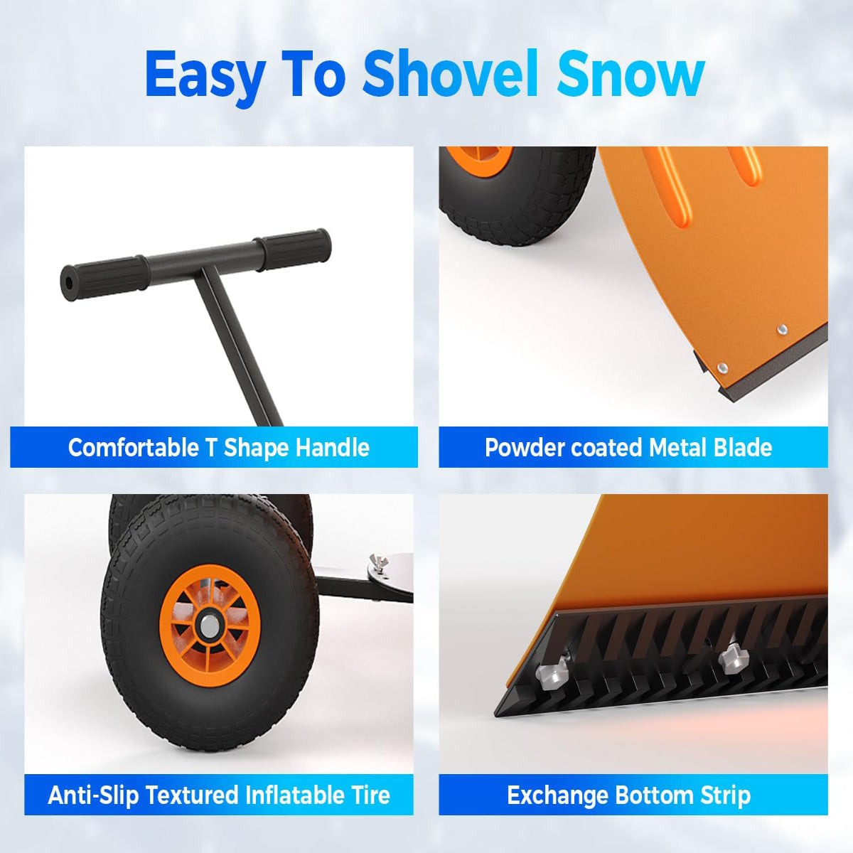 Garvee Snow Shovel with Wheels for Driveway, 20" Wide Adjustable Snow Pusher with 5-Position Angle & Height Handle, Ergonomic Back-Saving Snow Removal Tool for Sidewalks, Yards & Patios - Orange