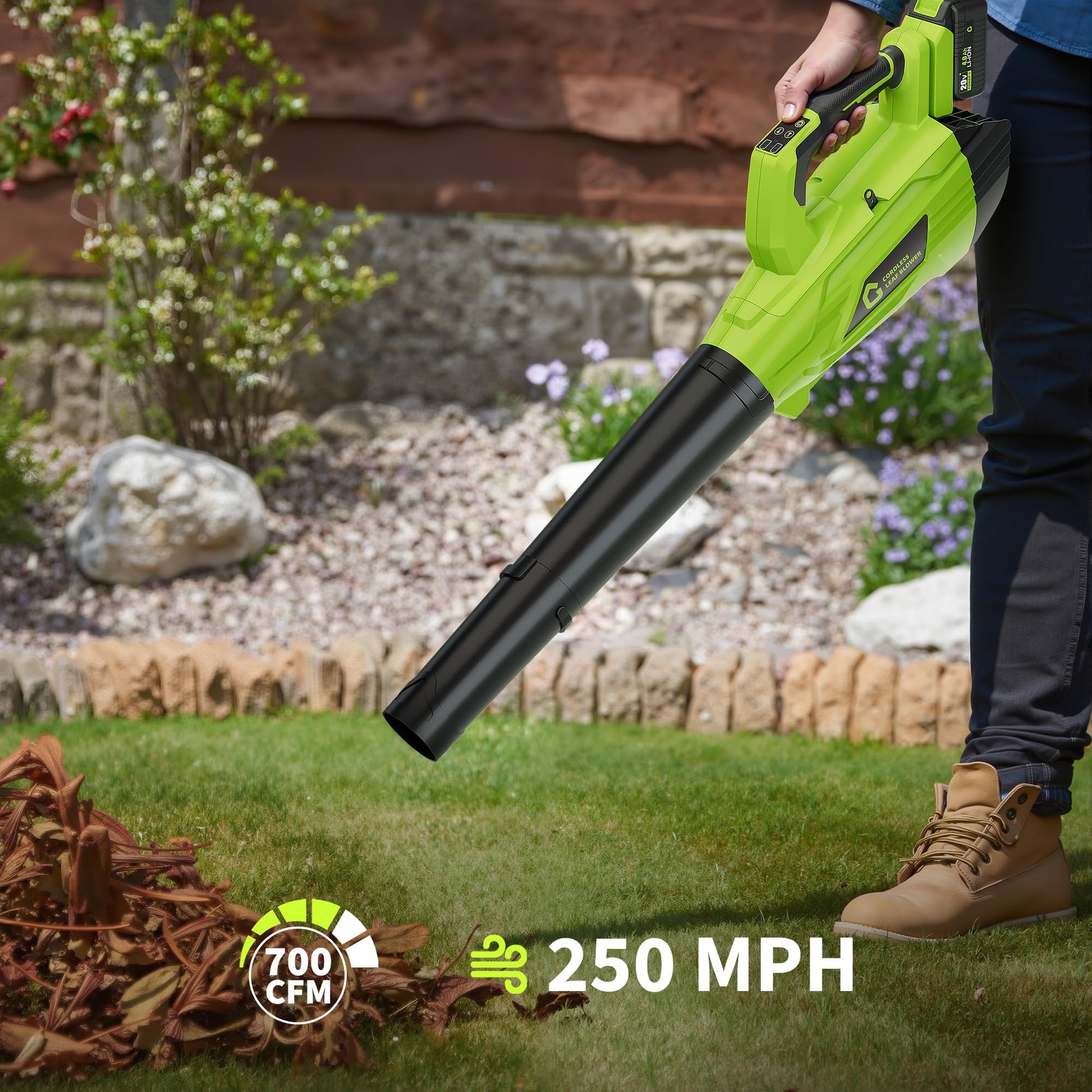 Garvee Leaf Blower Cordless Brushless- 20V Electric Leaf Blower 700CFM & 2 Speed Modes with Charger, 1*4.0Ah Battery Powered for Lawn Care,Green