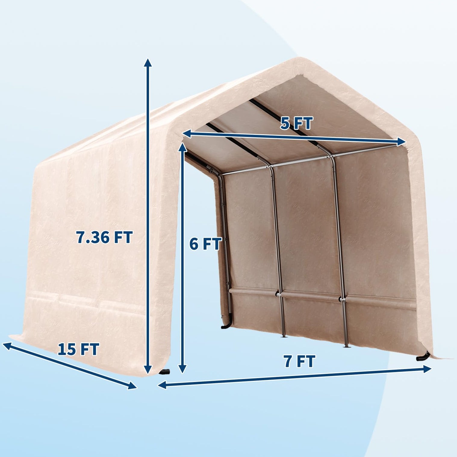 Garvee 7x15FT Khaki Outdoor Portable Storage Shed with Roll-Up Door & Vent, 240G Heavy-Duty Shelter Waterproof PE Tarp, UV-Resistant Storage Sheds for Motorcycle, Firewood, Garden and Tools