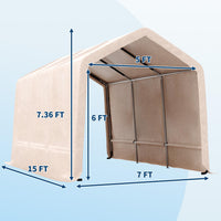 Garvee 7x15FT Khaki Outdoor Portable Storage Shed with Roll-Up Door & Vent, 240G Heavy-Duty Shelter Waterproof PE Tarp, UV-Resistant Storage Sheds for Motorcycle, Firewood, Garden and Tools