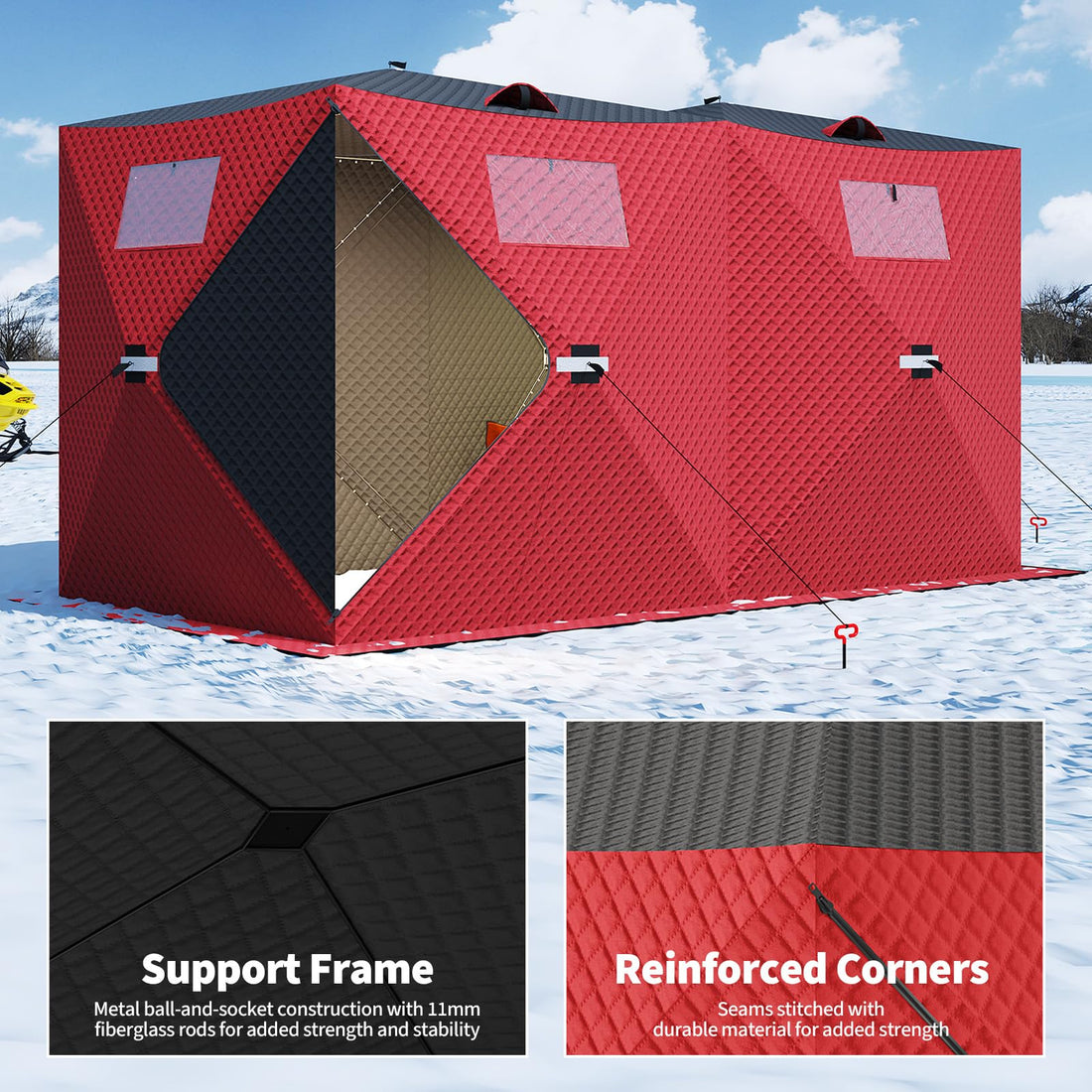 Garvee Insulated Pop-Up Ice Fishing Tent for 5-7 Persons - Portable Spacious Windproof Winter Shelter - Durable 3-Layer, Carry Bag, Zippered Door, Anchors - Red & Black, 141.73×70.8×77.74 Inch | Winter fishing shelter