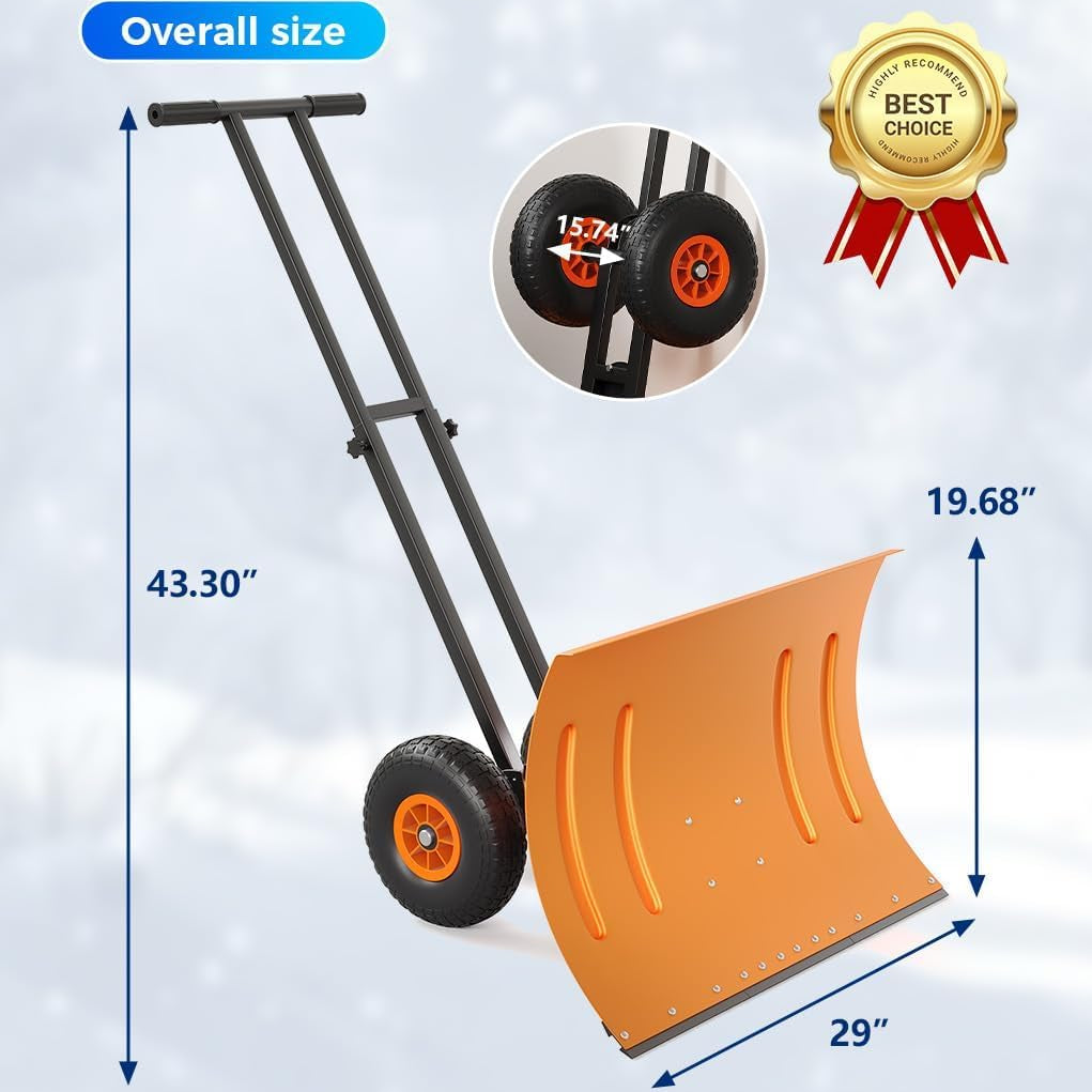 Garvee 29"W X 19.68"H Snow Pusher Shovel with Wheels,Heavy Duty Steel Snow Shovel with Wheels,Angled Blade Efficient Snow Removal With5-Position Angled Blade & Adjustable Handle for Doorway, Sidewalk