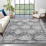 Garvee Persian Grey 5x7 Vintage Floral Washable Rug- Soft Low Pile, Stain Resistant - Polyester, Non-Slip Backing - Foldable, Non Shedding - Living Room, Bedroom, Dining - Gray