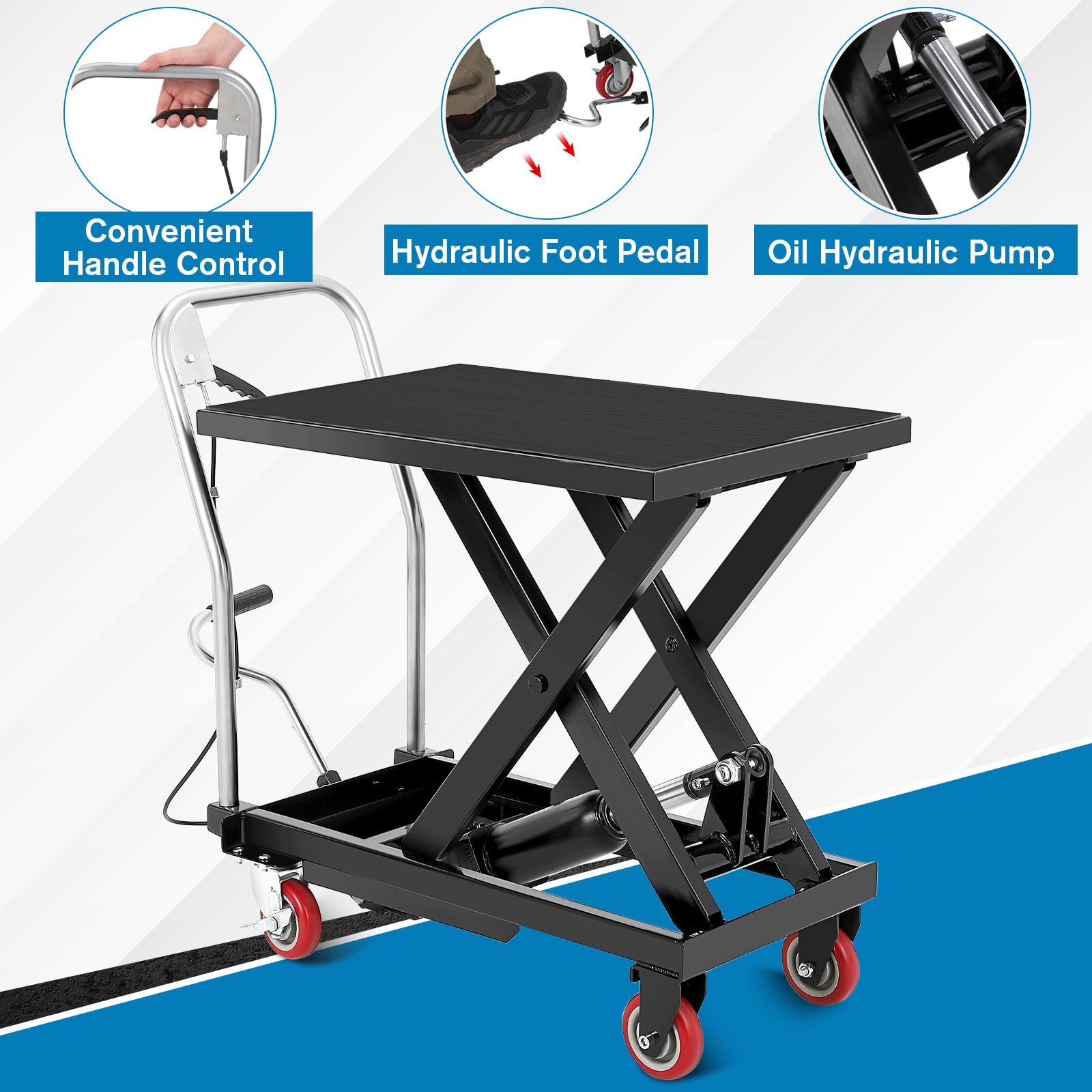 GARVEE hydraulic lift table cart showing handle control, hydraulic foot pedal, and oil hydraulic pump