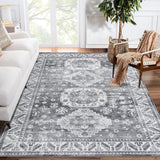 Garvee Boho Vintage Washable Area Rug 10x13 - Non Slip, Low Pile - 100% Polyester - Machine Washable, Durable - Indoor Living Room, Bedroom Accent - Gray