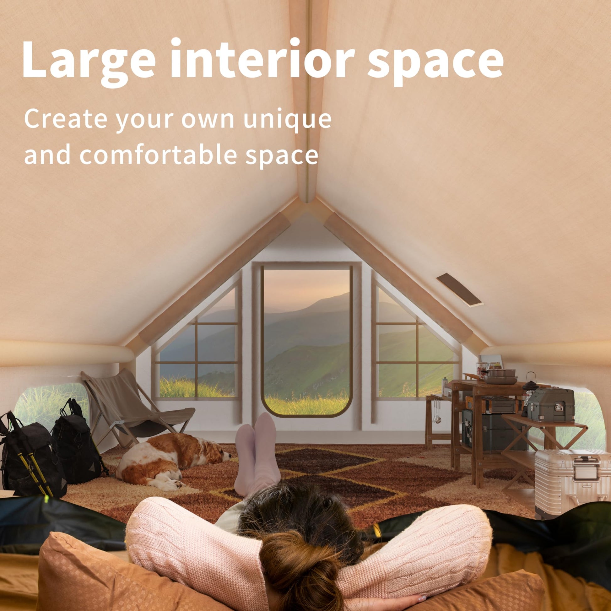 Garvee Luxury Inflatable 4-Season Camping Tent w/ Air Pump – Waterproof & Windproof Outdoor Cabin, Quick Setup, Durable Oxford, 2 Doors, 6 Windows, Fits 2-4 – Khaki