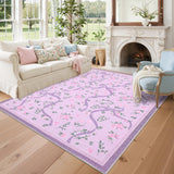 Garvee Washable Floral Area Rug 8'x10' - Non-Slip, Stain-Resistant, Pearl Velvet Soft Polyester - Foldable, Low-Pile, Farmhouse Style for Living Room, Bedroom, Nursery - Purple