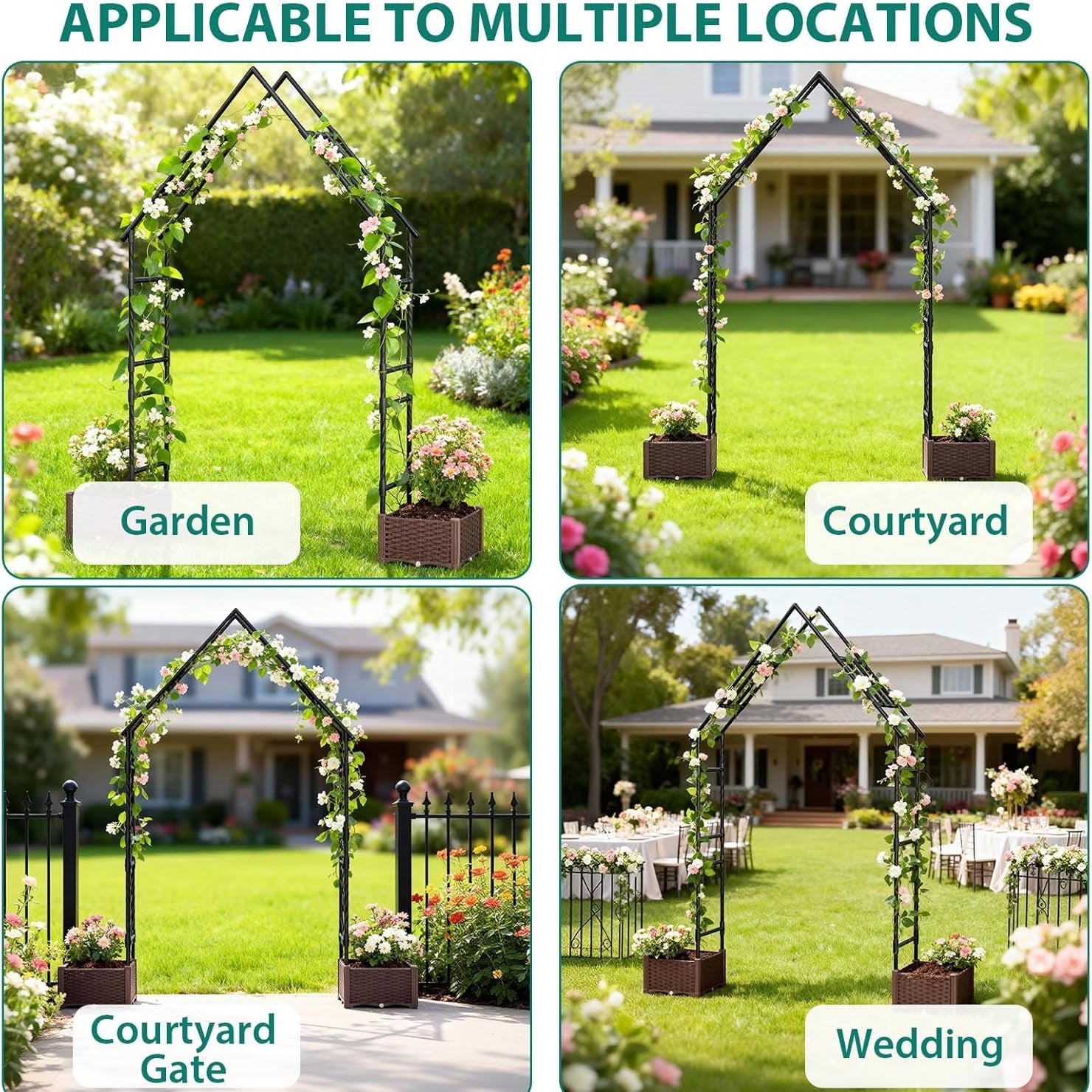 Garvee Weather-Resistant Metal Garden Arbor Trellis with Dual Planter Boxes – 94" Decorative Outdoor Archway for Climbing Plants, Lawn, Backyard, Patio – Sturdy Frame, Easy Assembly – Color: Black