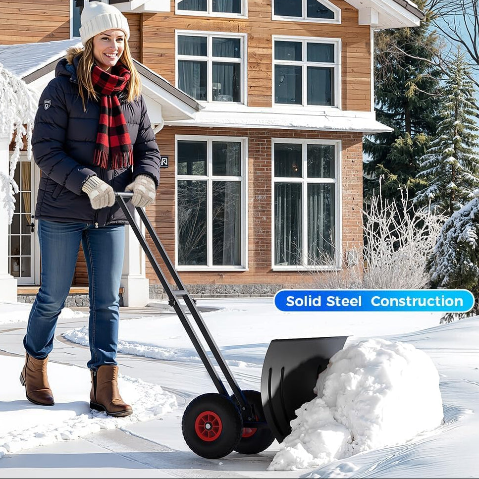 Garvee 29"Snow Pusher Shovel with Wheels,Heavy Duty Steel Snow Shovel with Wheels,Angled Blade Efficient Snow Removal With5-Position Angled Blade & Adjustable Handle for Doorway, Sidewalk