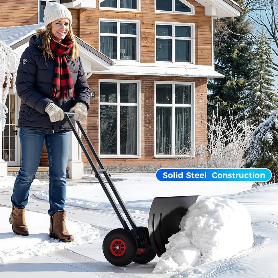 Garvee 29"W X 20"H Snow Pusher Shovel with Wheels,Heavy Duty Steel Snow Shovel with Wheels,Angled Blade Efficient Snow Removal With5-Position Angled Blade & Adjustable Handle for Doorway, Sidewalk