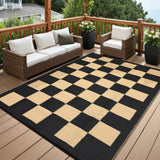Garvee Checkered Outdoor Rug 9x18 Waterproof Weather-Resistant Plastic Straw Thin Carpet Patio Porch Balcony Backyard Picnic Camping - Black & Coffee