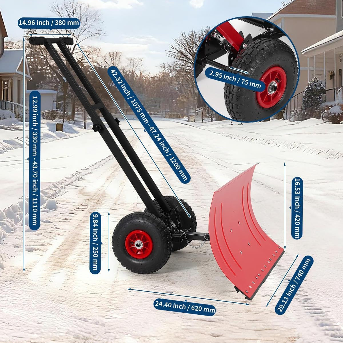 Garvee 29"W X 16.5"H Snow Pusher Shovel with Wheels,Heavy Duty Steel Snow Shovel with Wheels,Angled Blade Efficient Snow Removal With5-Position Angled Blade & Adjustable Handle for Doorway, Sidewalk