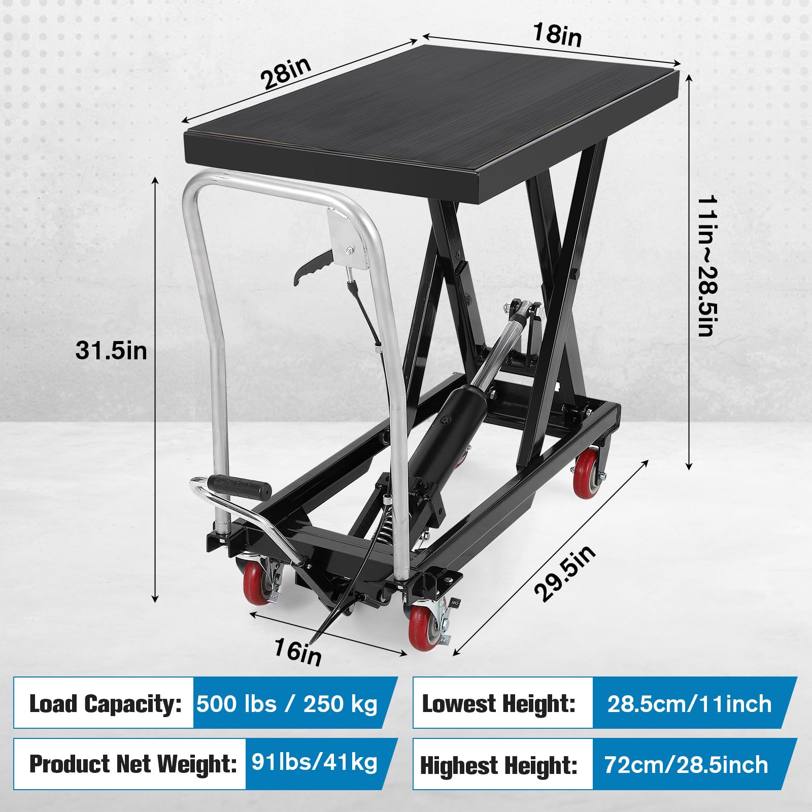 GARVEE 500 lb hydraulic lift table cart dimensions showing 28 inch by 18 inch platform and 11 inch to 28.5 inch lift height
