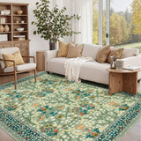 Garvee Floral Area Rug 6x9 - Non Slip, Stain Resistant - Soft Low Pile Faux Wool - Machine Washable, Kids & Pets Friendly - Green - Living Room, Bedroom, Dining - Green