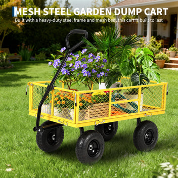 Garvee 900 lbs Heavy Duty Steel Garden Wagon Cart – 2-in-1 Utility Yard Cart, Removable Mesh Sides, 10" All-Terrain Tires, 180° Rotating Handle – Ideal for Lawn and Gardening Tasks – Black Wheels, Yellow Frame, Black Handle