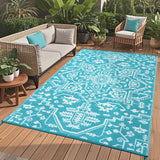 Garvee Outdoor Patio Rug 8x10 Waterproof Reversible Medallion Pattern Polypropylene Foldable Lightweight with Stakes for Backyard Deck - Light Blue
