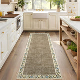 Garvee Bordered Taupe 2x6 Entryway Rug Floral Bordered Runner Washable Non-Slip Low-Pile Polyester Soft Cozy for Kitchen Hallway Bedroom - Taupe|Flax Bordered