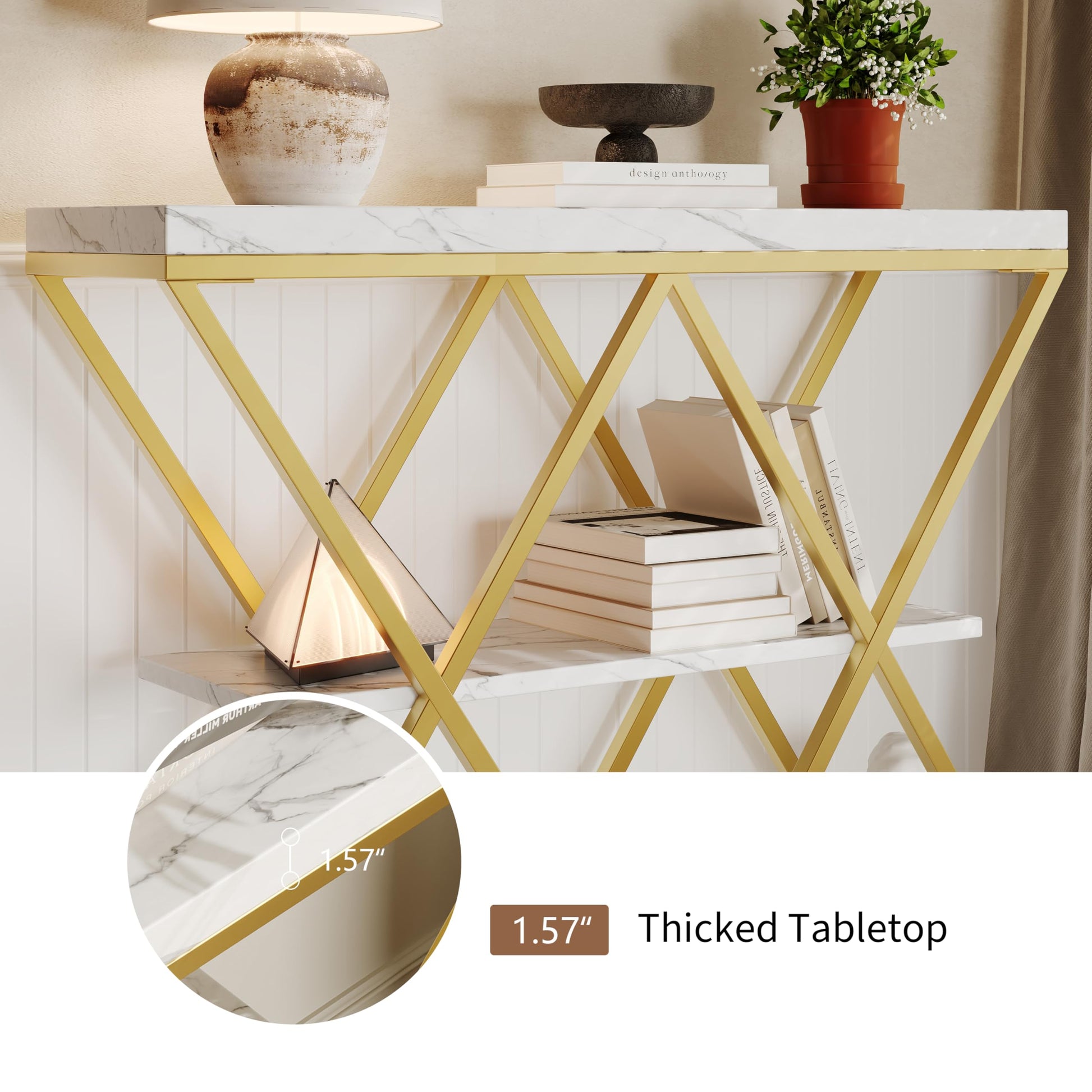 Garvee Farmhouse 3-Tier Console Table in X-Shaped Design with Open Shelves for Entryway and Hallway, White