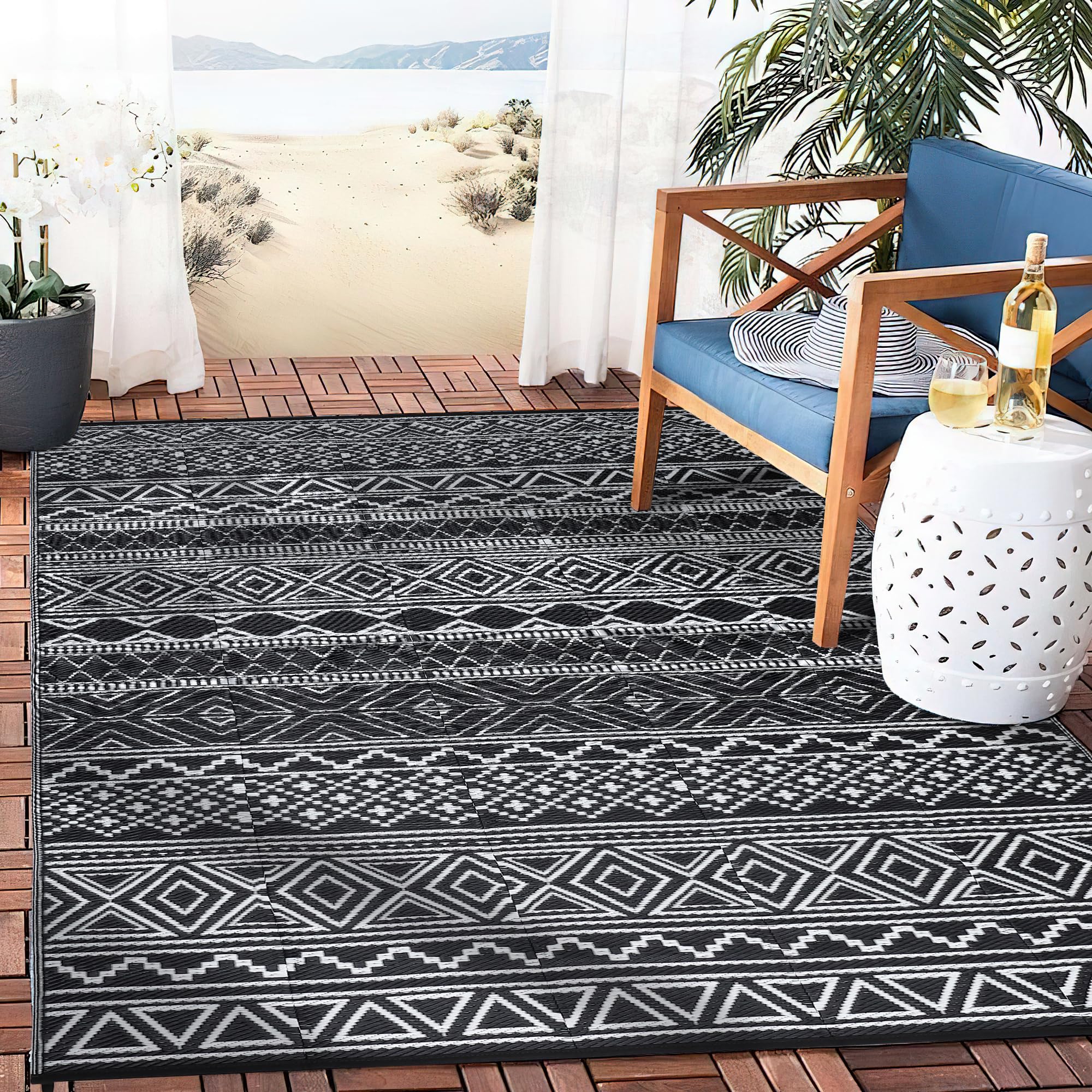 Garvee Outdoor Black & White 10x20 Ultra Large Area Rug, Non-Slip Stai
