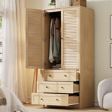 Garvee 70" Wardrobe Armoire Wooden Closet with 2 Doors and 3 Drawers, Bedroom Armoire with Hanging Rod Shelf, Large Capacity Storage Wardrobe Armoire, Freestanding Wooden Closet Storage Cabinet - Natural