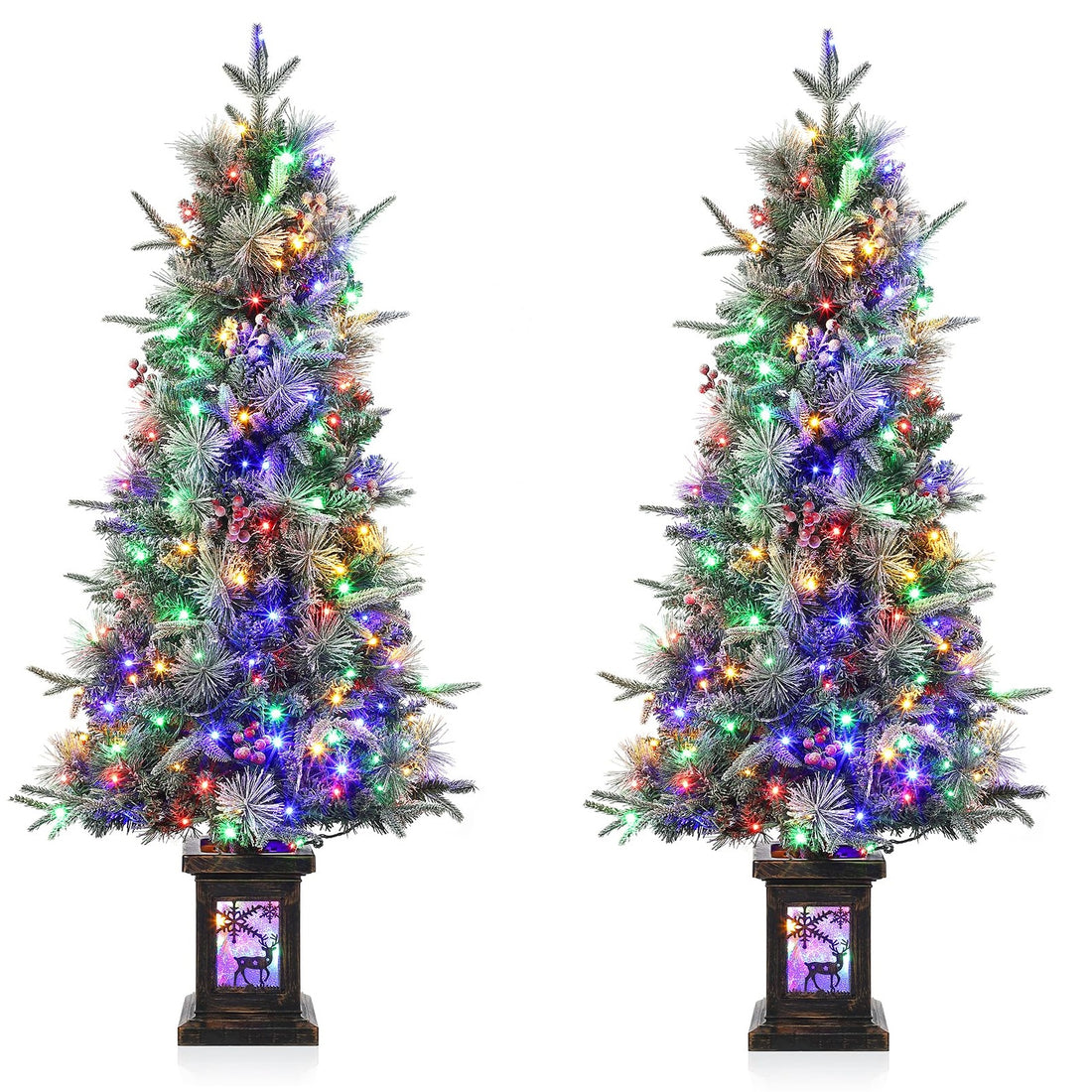 Garvee 4.5ft Christmas Tree with 150 Multicolor Led Lights, Pre-Lit Snow Flocked Christmas Tree with Elk Potted Base, Holiday Xmas Tree Decoration for Home, Entrances, 2 PCS