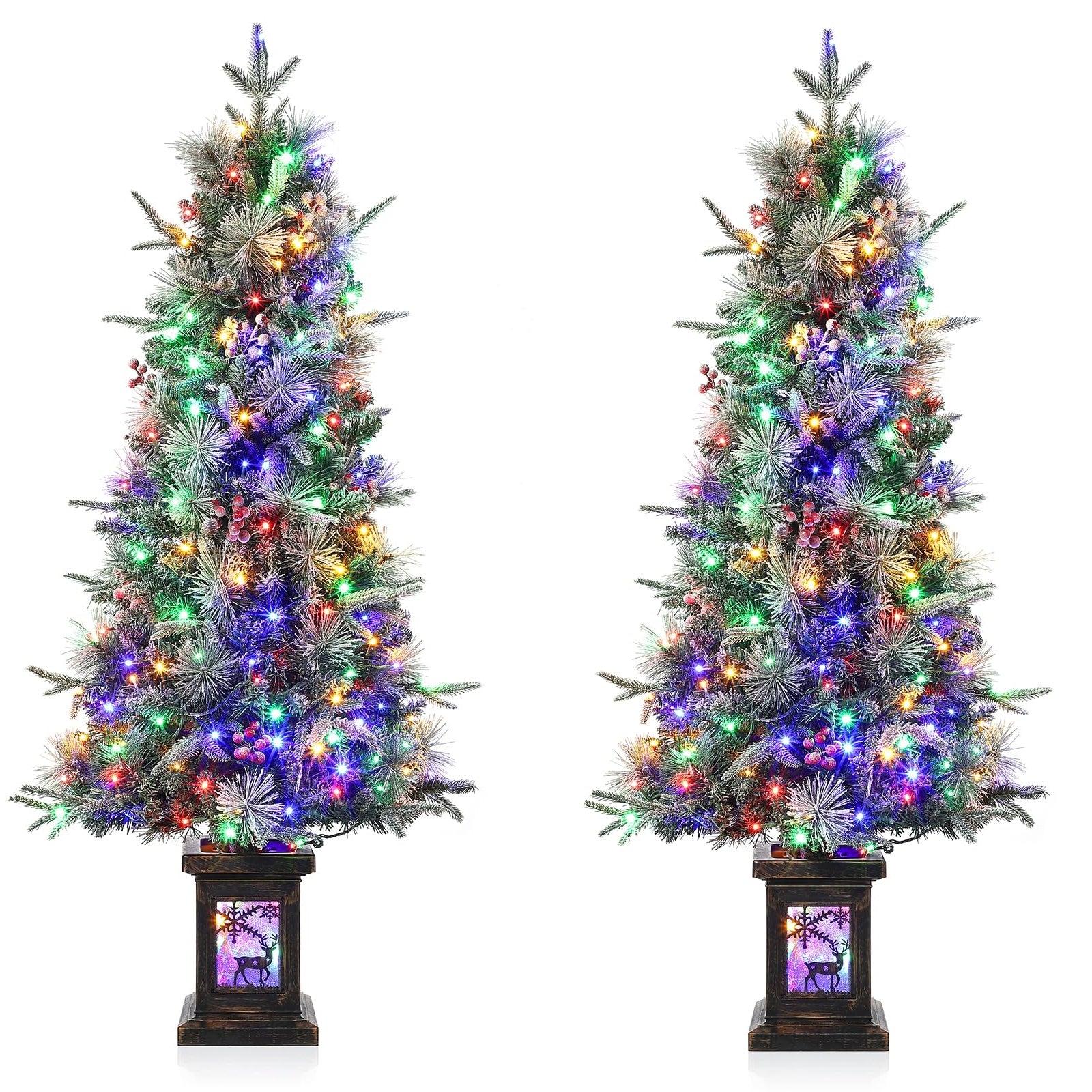 Garvee 4.5ft Christmas Tree with 150 Multicolor Led Lights, Pre-Lit Snow Flocked Christmas Tree with Elk Potted Base, Holiday Xmas Tree Decoration for Home, Entrances, 2 PCS
