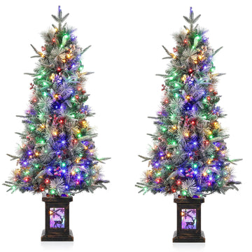 Garvee 4.5ft Christmas Tree with 150 Multicolor Led Lights, Pre-Lit Snow Flocked Christmas Tree with Elk Potted Base, Holiday Xmas Tree Decoration for Home, Entrances, 2 PCS