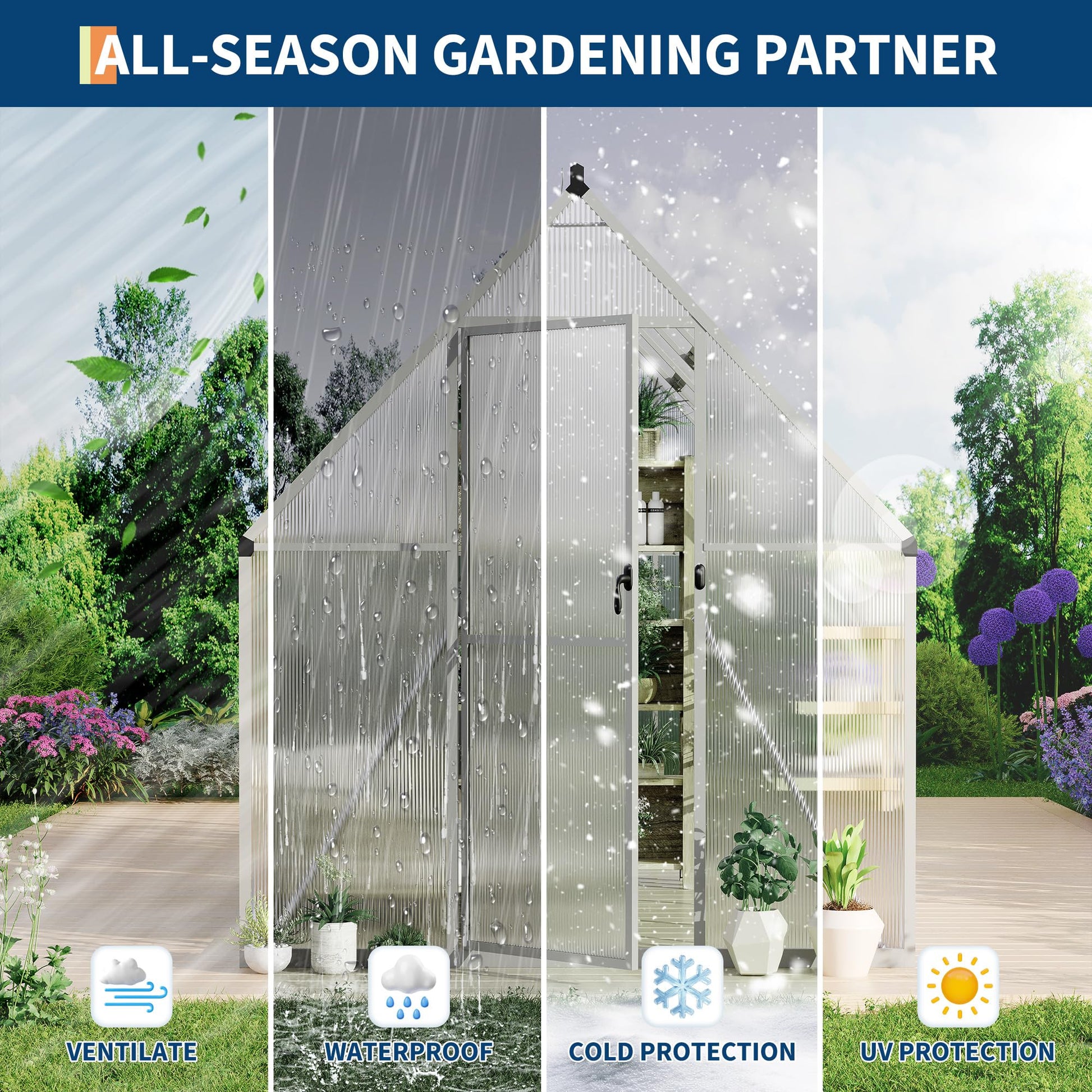 Garvee Heavy Duty 6x9 FT Polycarbonate Walk-In Greenhouse - Sturdy Aluminum Frame, Lockable Door, Adjustable Roof Vent, Easy Assembly, Ideal for Garden, Backyard, or Patio, Silver