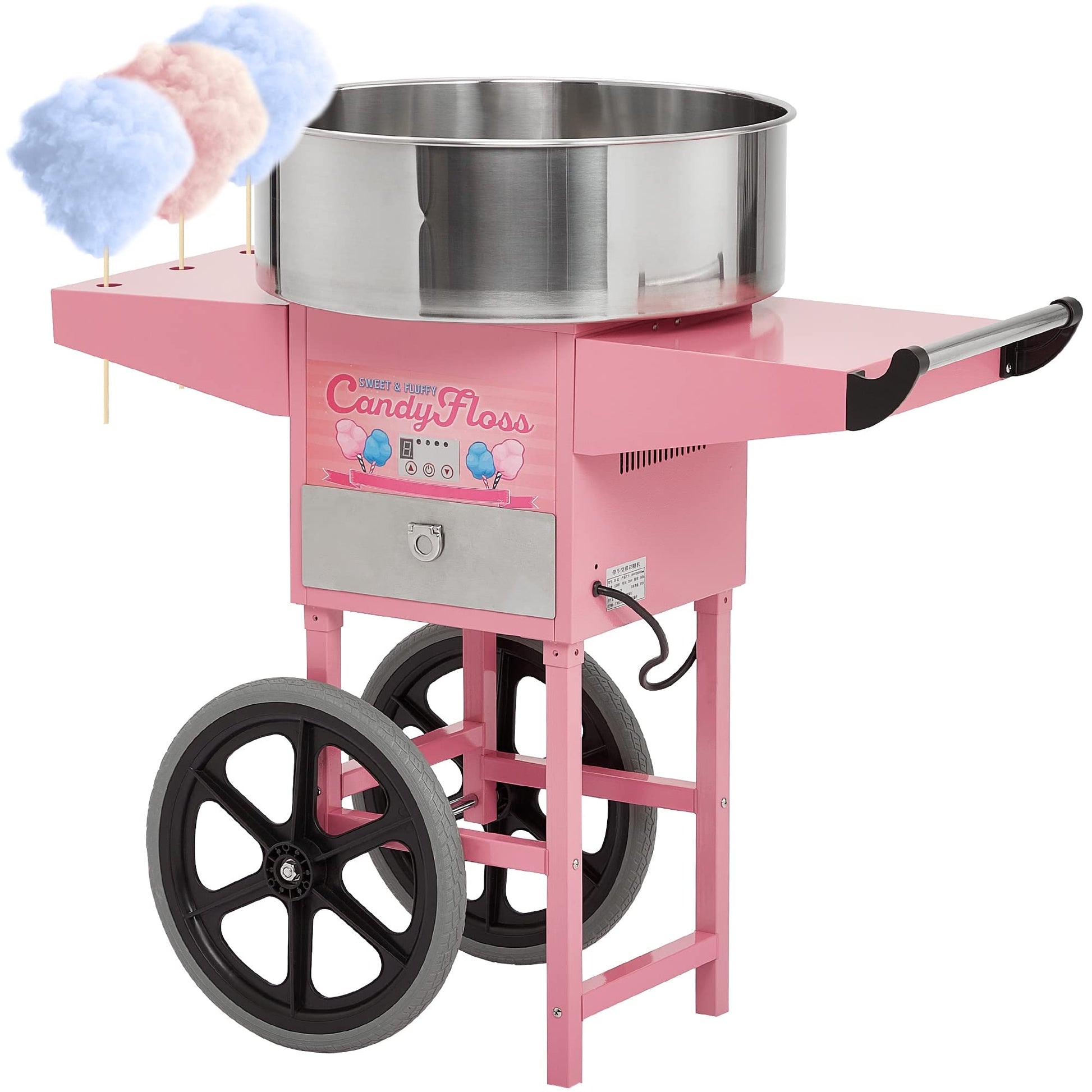 GARVEE Cotton Candy Machine With Cart Electric Cotton Candy Maker With 20 inch Stainless Steel Bowl