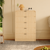 Garvee Fluted Tall Dresser 5 Drawer Mid-Century Modern Rounded Edge Walnut Wood Soft-Close Drawers Bedroom Living Room